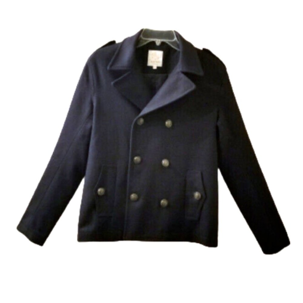 MERKABA by DI NUOVO Navy Blue Pea Coat Sz 34 Large Wool Double Breasted Jacket
